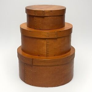 Vintage Round Nesting Pantry Boxes Handcrafted Wood w Brass Nail Heads Set of 3